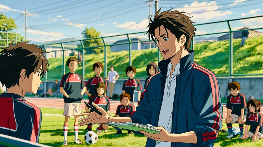 子供たちにサッカーを教えるコーチ