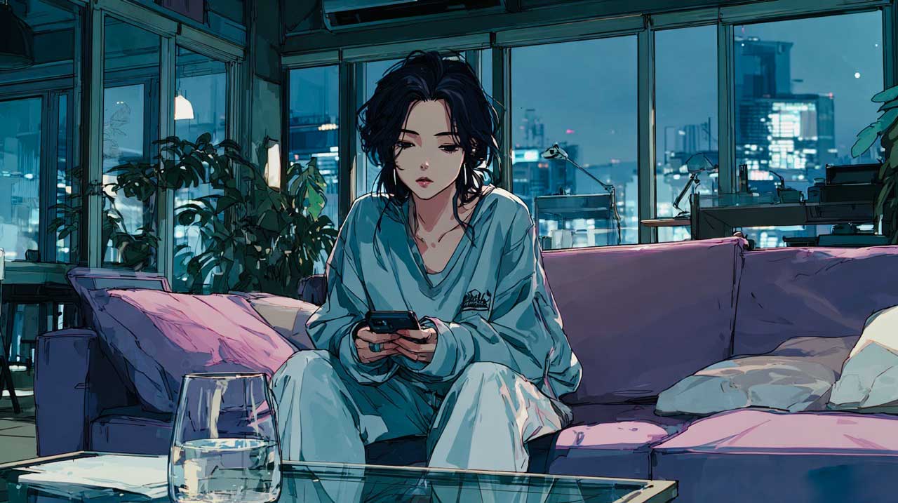 スマホで探偵社のホームページを見る女性