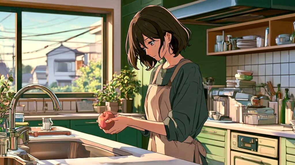 キッチンで料理をしながら悲しむ女性